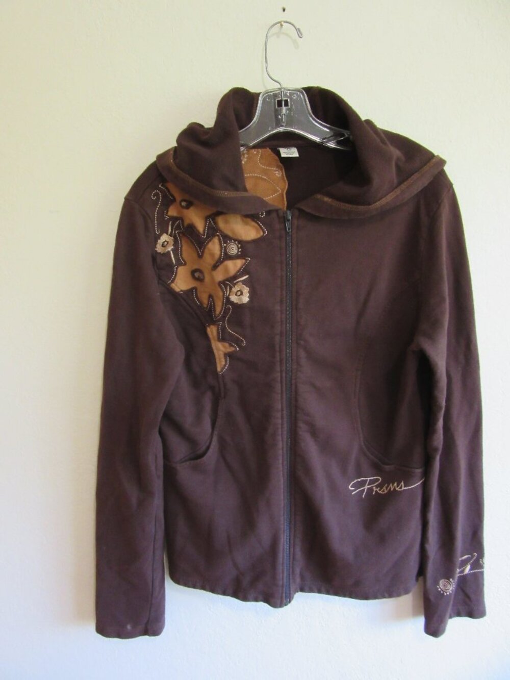 PRANA Brown XL Floral Embroidered Front Zip Hoodie